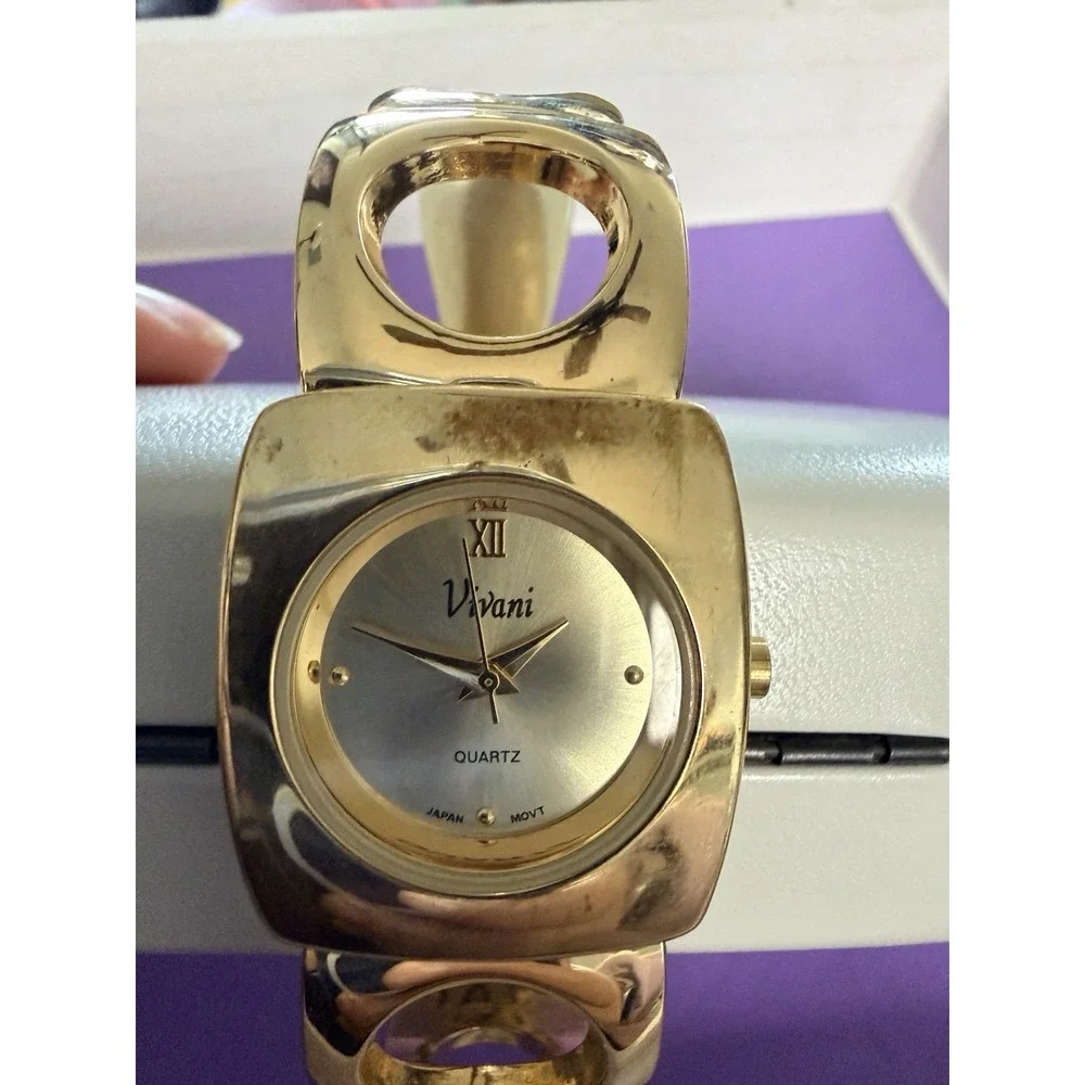 Vivani Watch Women Gold Tone Hinged Bangle Cuff Band New Battery